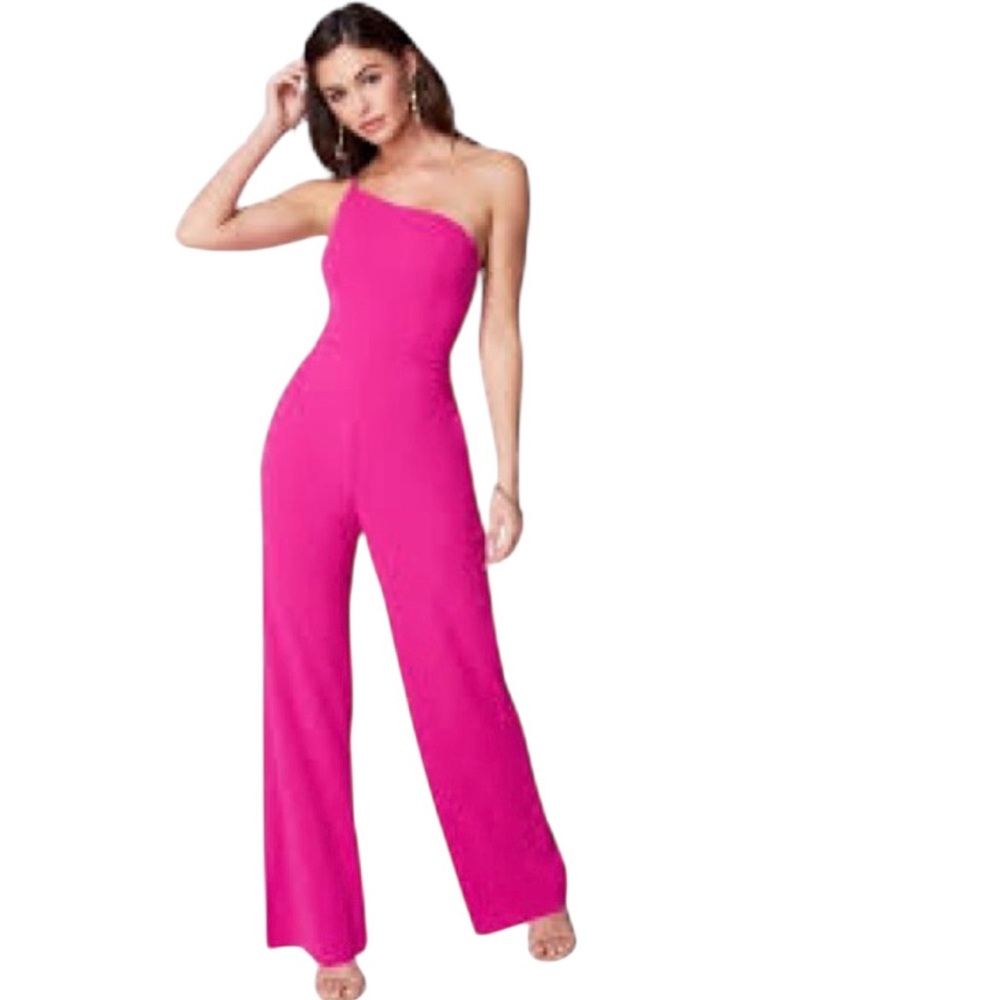 Crystal Sky Elegant One Shoulder Bright Pink Women's Jumpsuit- Small